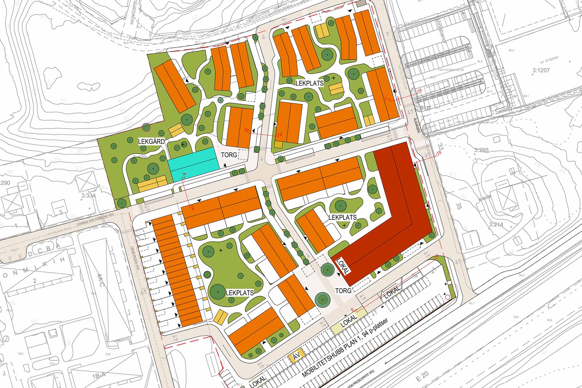 Illustration av möjlig situationsplan för Trädgårdsmästeriet.
